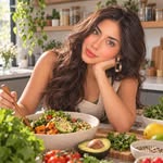 Joy Bennett en una mesa con un plato de comida